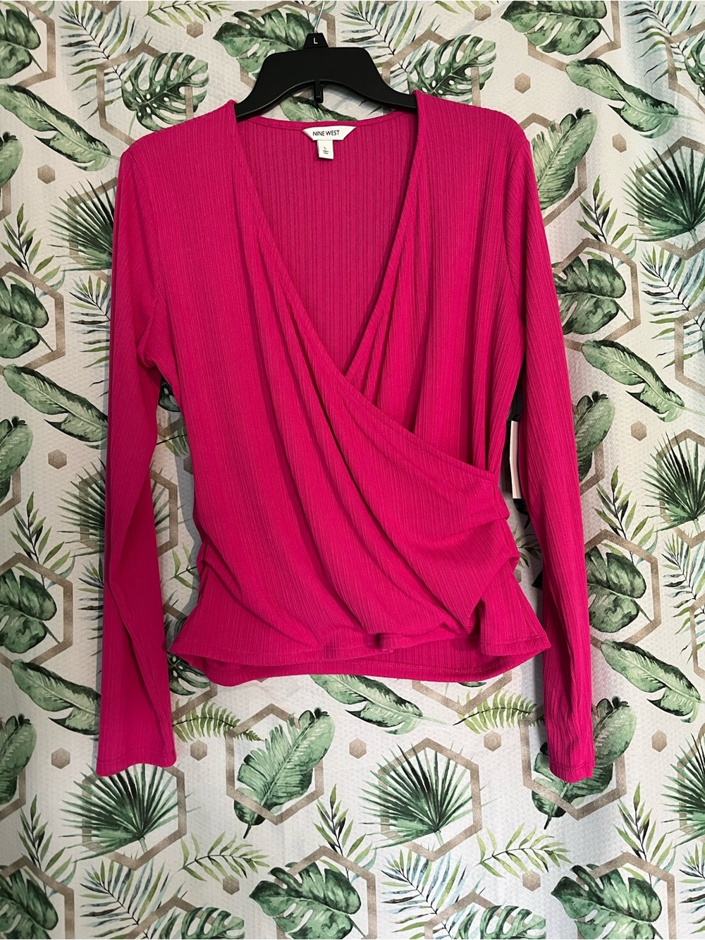 Nine West Hot Pink Ribbed Faux-Wrap Long Sleeve Top